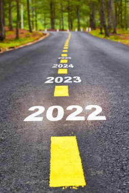 2022 yılı 2023 ve 2025 yıllarında asfalt yol yüzeyinde işaretleme çizgileri ile. Mutlu yıllar konsepti ve yürümeye devam et.