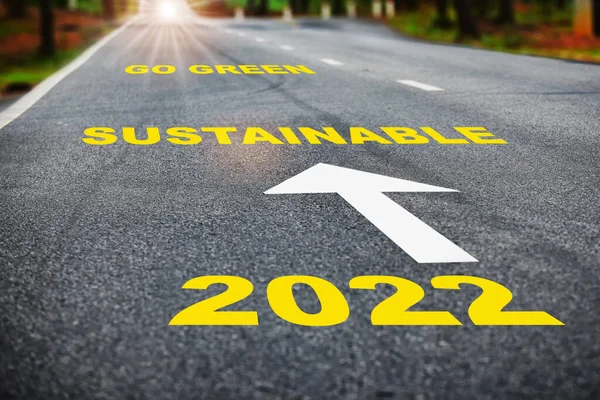 2022 Sostenible Verde Superficie Carretera Asfalto Con Líneas Marcado Concepto — Foto de Stock
