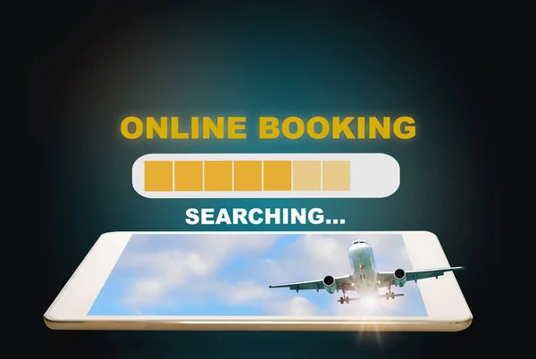 Online travel booking loading on computer digital tablet on abstract background. Time to travel concept and business recovery idea. 3d illustration and 3d rendering
