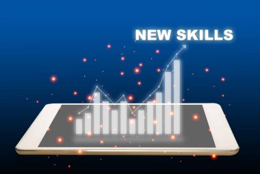 New skills with growth graph on digital tablet computer on abstract background. Future ahead with reskilling and upskilling concept and technology transformation idea clipart