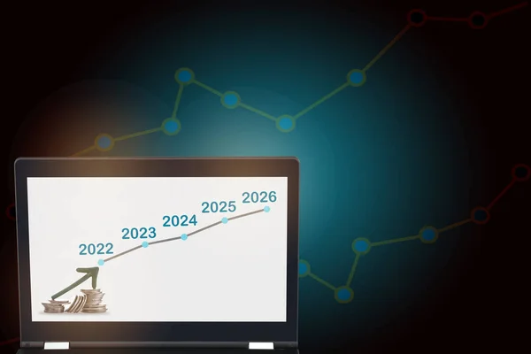 Seta Para Cima Pilha Moedas Gráfico Crescimento 2022 2026 Laptop — Fotografia de Stock