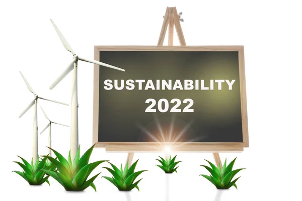 Sostenibilidad 2022 Pizarra Turbina Eólica Con Planta Aislada Sobre Fondo — Foto de Stock