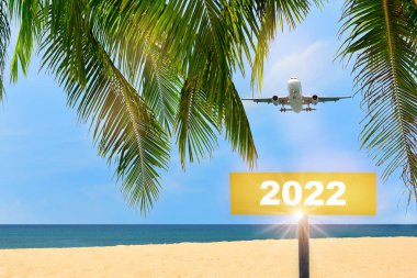 Yeni yıl 2022 'de sarı tabelada ve mavi gökyüzünde uçan ticari uçakla yazılmış hindistan cevizi palmiyesi yaprakları ve tropikal plaj arka planıyla. Mutluluk iş seyahati konsepti ve iyileşme fikrine başlıyor