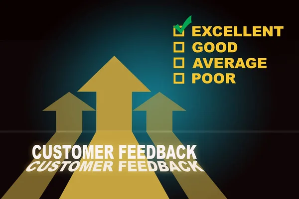 Customer feedback excellent good average and poor and three Yellow arrow upwards on blue background. Service rating satisfaction concept and five star review idea