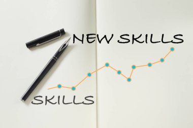 New skills written on notebook with fountain pen and growth graph. Education planning improvement concept and reskilling and upskilling idea clipart