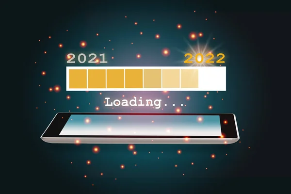 Año 2021 Carga Nuevo Año 2022 Teléfono Inteligente Sobre Fondo — Foto de Stock
