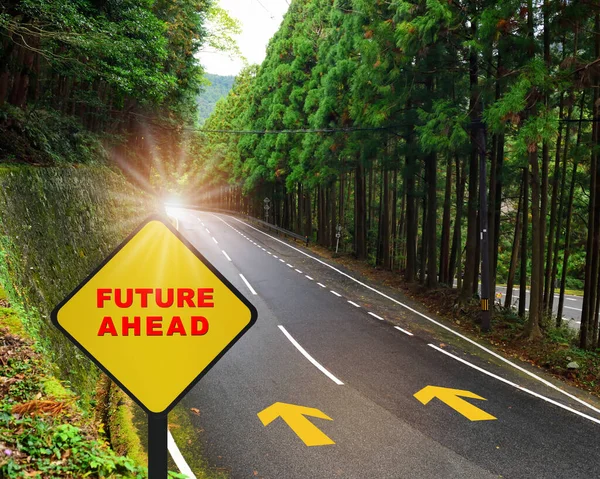 Future ahead written on yellow sign on highway road and white marking lines in the forest. Business recovery concept and challenge to success idea