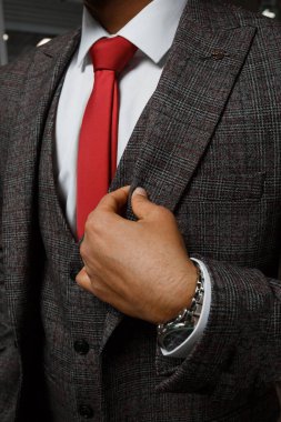 Üzerinde kırmızı kravat ve saat olan kahverengi takım elbiseli tanınmayan işadamının portresini kapat.