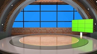 Classic indoor 3D virtual studio_News Studio, Backdrop For TV Shows .TV On Wall.3D Virtual News Studio Background Loop clipart