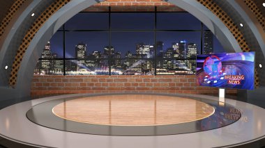 Classic indoor 3D virtual studio_News Studio, Backdrop For TV Shows .TV On Wall.3D Virtual News Studio Background Loop clipart