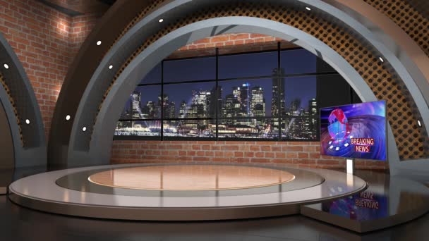 古典的な屋内3D仮想スタジオ_ニューススタジオ テレビ番組のための背景 Tv壁に 3D仮想ニューススタジオの背景ループ — ストック動画