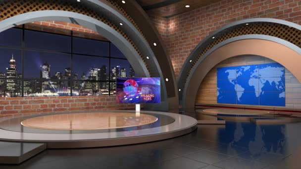 经典的室内3D虚拟演播室_新闻演播室 电视背景图 墙上的电视 3D虚拟新闻演播室背景图 — 图库视频影像