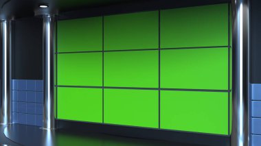 Haber TV Stüdyo Stüdyosu Seti, Sanal Yeşil Ekran Arkaplanı _ 3d illüstrasyon 