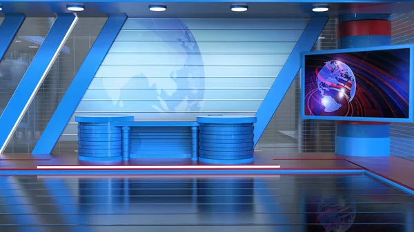 Haber TV Stüdyo Stüdyosu Seti, Sanal Yeşil Ekran Arkaplanı _ 3d illüstrasyon 