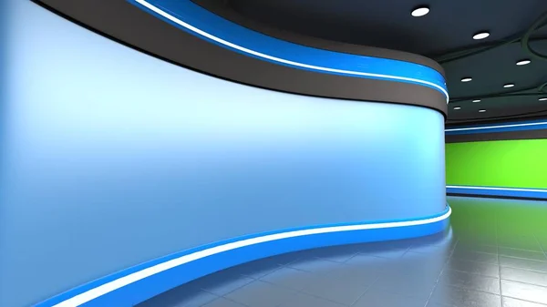 Haber TV Stüdyo Stüdyosu Seti, Sanal Yeşil Ekran Arkaplanı _ 3d illüstrasyon 