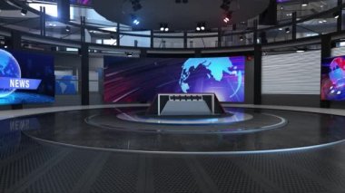 3D Sanal Haber Stüdyosu arka plan döngüsü, 3D yorumlama her türlü haber veya bilgi sunumu için mükemmeldir. Arka planda şık ve temiz bir düzen var.