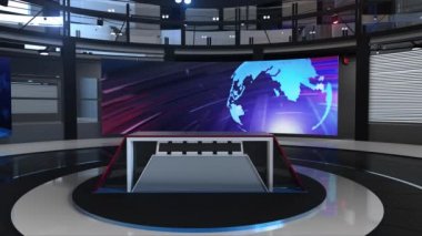 3D Sanal Haber Stüdyosu arka plan döngüsü, 3D yorumlama her türlü haber veya bilgi sunumu için mükemmeldir. Arka planda şık ve temiz bir düzen var.
