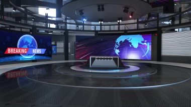 3D Sanal Haber Stüdyosu arka plan döngüsü, 3D yorumlama her türlü haber veya bilgi sunumu için mükemmeldir. Arka planda şık ve temiz bir düzen var.