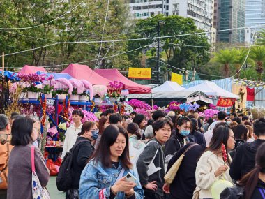12 Şubat 2026 - Hong Kong, Çin: Hong Kong 'da hareketli bir Hong Kong pazarında Ay' ın yeni yıl kutlamalarının canlı enerjisini gösteren hipergerçekçi bir fotoğraf.