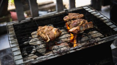 Piknik partisinde sıcak dumanlı mangalda pişirilmiş sosla marine edilmiş çiğ kuzu etinin yakın görüntüsü. Önplanda seçmeli odak.