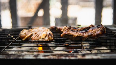 Piknik partisinde sıcak dumanlı mangalda pişirilmiş sosla marine edilmiş çiğ kuzu etinin yakın görüntüsü. Önplanda seçmeli odak.