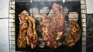 Piknik partisinde sıcak dumanlı mangalda pişirilmiş sosla marine edilmiş çiğ kuzu eti manzarası. Önplanda seçmeli odak.