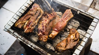 Piknik partisinde sıcak dumanlı kömür ızgarasında pişirilmiş metal maşayla sosla marine edilmiş çiğ kuzu eti tutan eli yakından izleyin. Önplanda seçmeli odak.