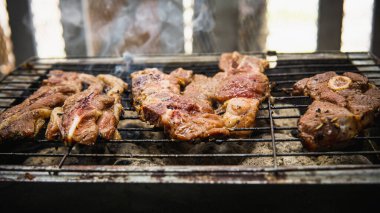 Piknik partisinde sıcak dumanlı mangalda pişirilmiş sosla marine edilmiş çiğ kuzu etinin yakın görüntüsü. Önplanda seçmeli odak.