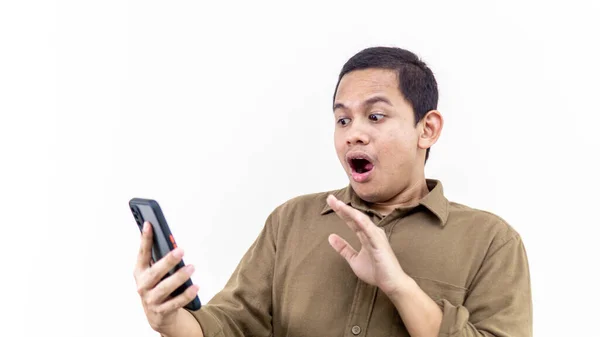 Wow Shocked Face Expression Young Asian Malay Man Looking Smartphone — Stock Photo, Image