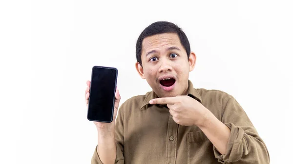 Wow Excited Face Expression Young Asian Malay Man Pointing Smartphone — Stock Photo, Image