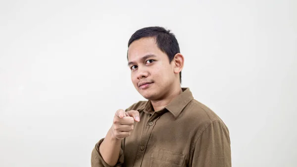 Confident Serious Face Expression Young Asian Malay Man Pointing Finger — Stock Photo, Image