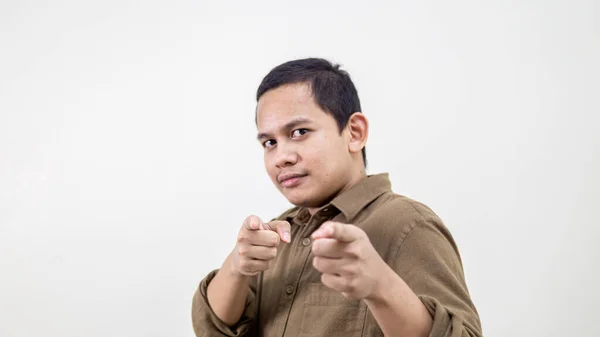 Confident Serious Face Expression Young Asian Malay Man Pointing Finger — Stock Photo, Image