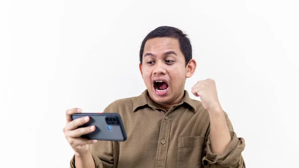 Wow Expressão Rosto Feliz Jovem Homem Malaio Asiático Com Camisa — Fotografia de Stock