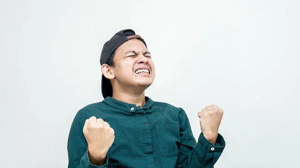 Happy Excited Face Expression Young Asian Malay Man Cap Celebrating — Stockfoto