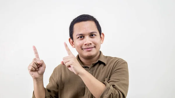 Sorrindo Feliz Expressão Facial Jovem Homem Malaio Asiático Camisa Marrom — Fotografia de Stock