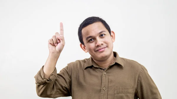 Sorrindo Feliz Expressão Facial Jovem Homem Malaio Asiático Camisa Marrom — Fotografia de Stock