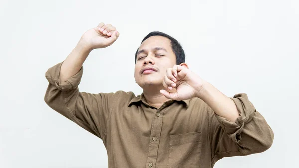 Happy Excited Face Expression Young Asian Malay Man Dancing Feeling — Zdjęcie stockowe