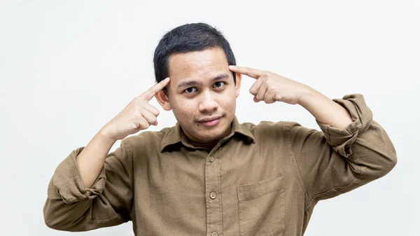 Young Handsome Asian Malay Man Wearing Casual Brown Shirt Smiling — Stock Photo, Image