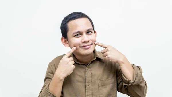 Portrait Young Asian Malay Man Pointing His Mouth Smile Keep — Stockfoto