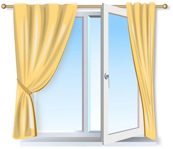 Half opened modern window with yellow drapes — Stock Photo, Image