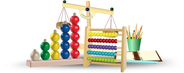 Abacus, bloc de notas, lápices, regla y escamas. Herramientas educativas. Concepto educativo — Foto de Stock