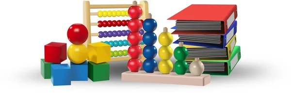 Gekleurde speelgoed, abacus, mappen van office. Onderwijsconcept — Stockfoto