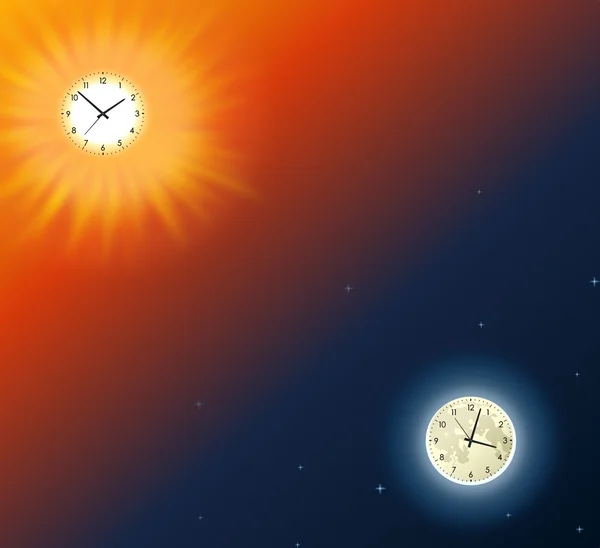 Mond und Sonne mit Uhren im Hintergrund — Stockfoto