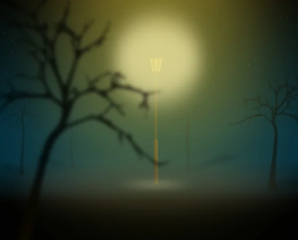Lanterna in un parco nebbioso con alberi — Foto Stock