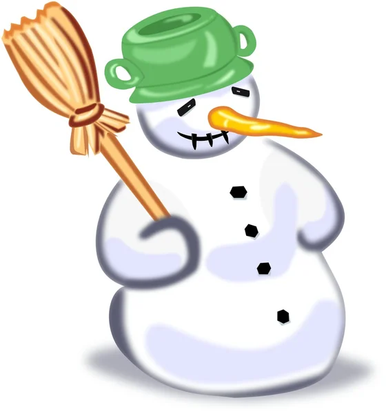 Cartoni animati pupazzo di neve con scopa isolato su bianco — Foto Stock