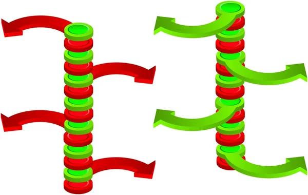 Tegenstrijdige groene en rode ruimtelijke verticale pijlen — Stockfoto