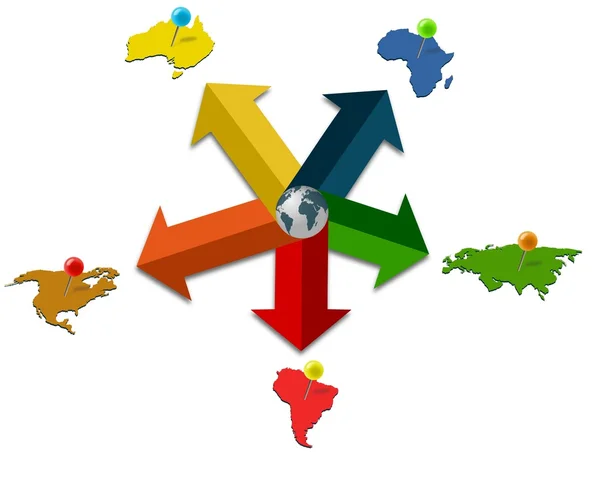 Colored five point infographic with continents tacked by pins — Stock Photo, Image