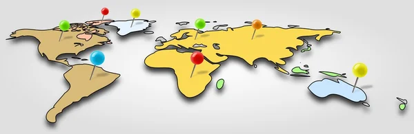 Простая и цветная карта мира с офисными булавками — стоковое фото