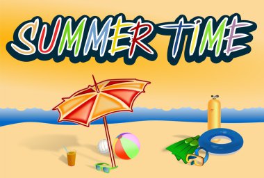 Yaz saati illüstrasyon plaj ve deniz