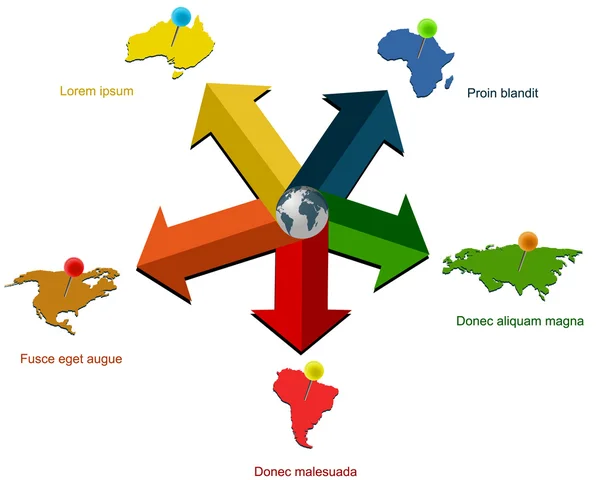 Infographie vectorielle en cinq points avec des continents reliés par des broches — Image vectorielle